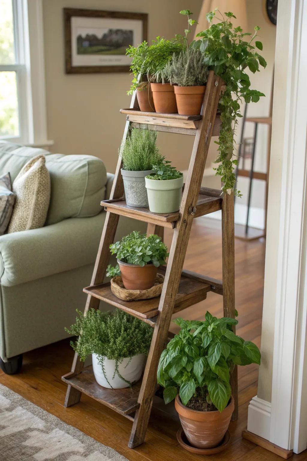 A ladder stand showcasing a variety of herbs, adding greenery to any corner of the home.