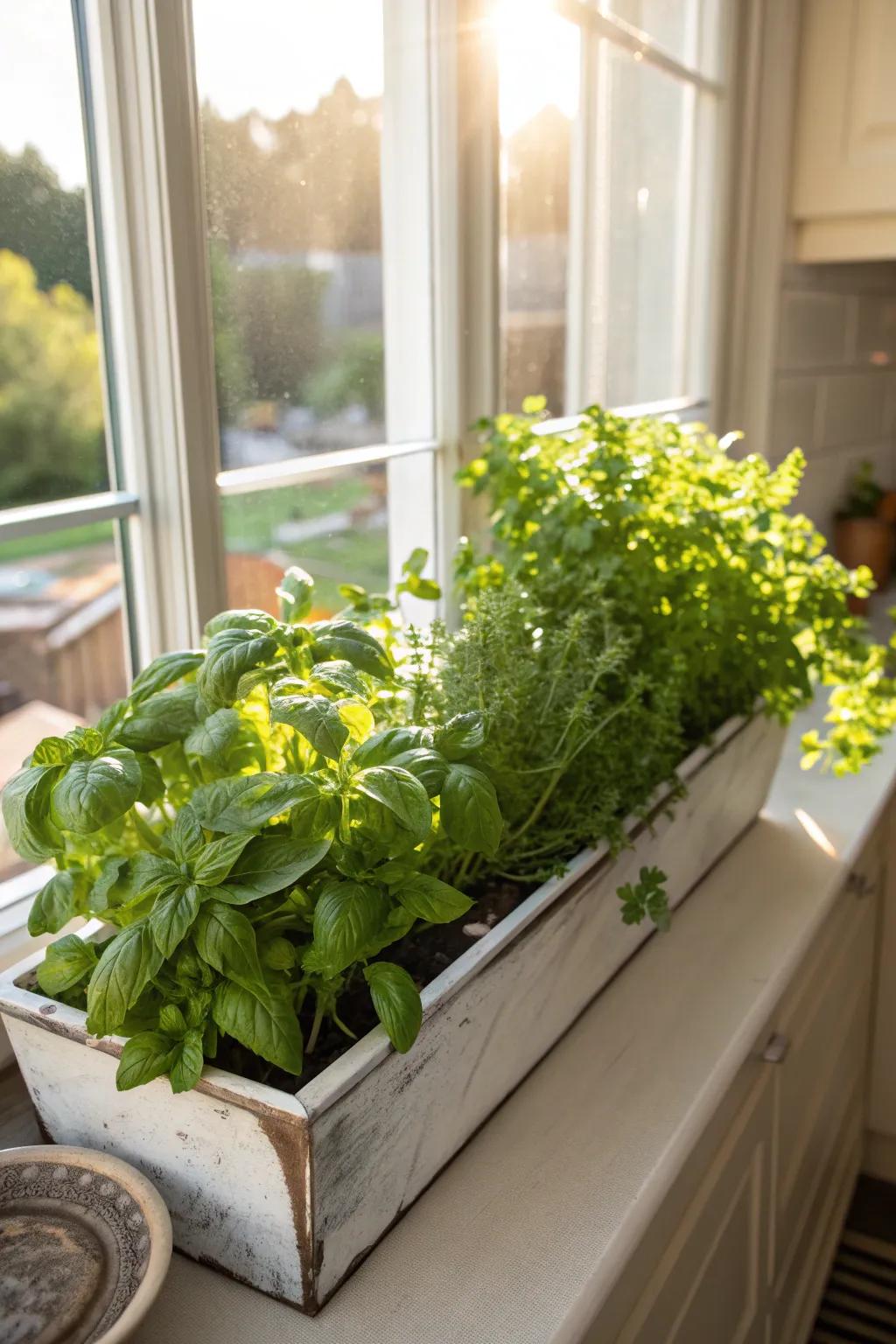 A delightful window box brimming with herbs, enjoying the sunlight and fresh air.
