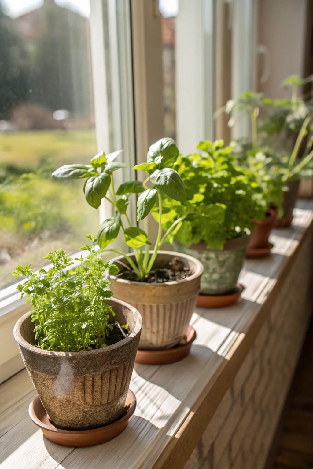 Herbs thriving on a sunny windowsill, ready to be picked for your next meal.