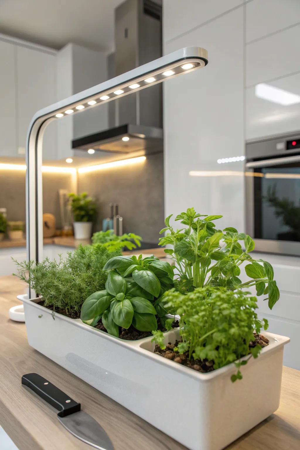 A grow light system ensuring herbs receive optimal light conditions indoors.
