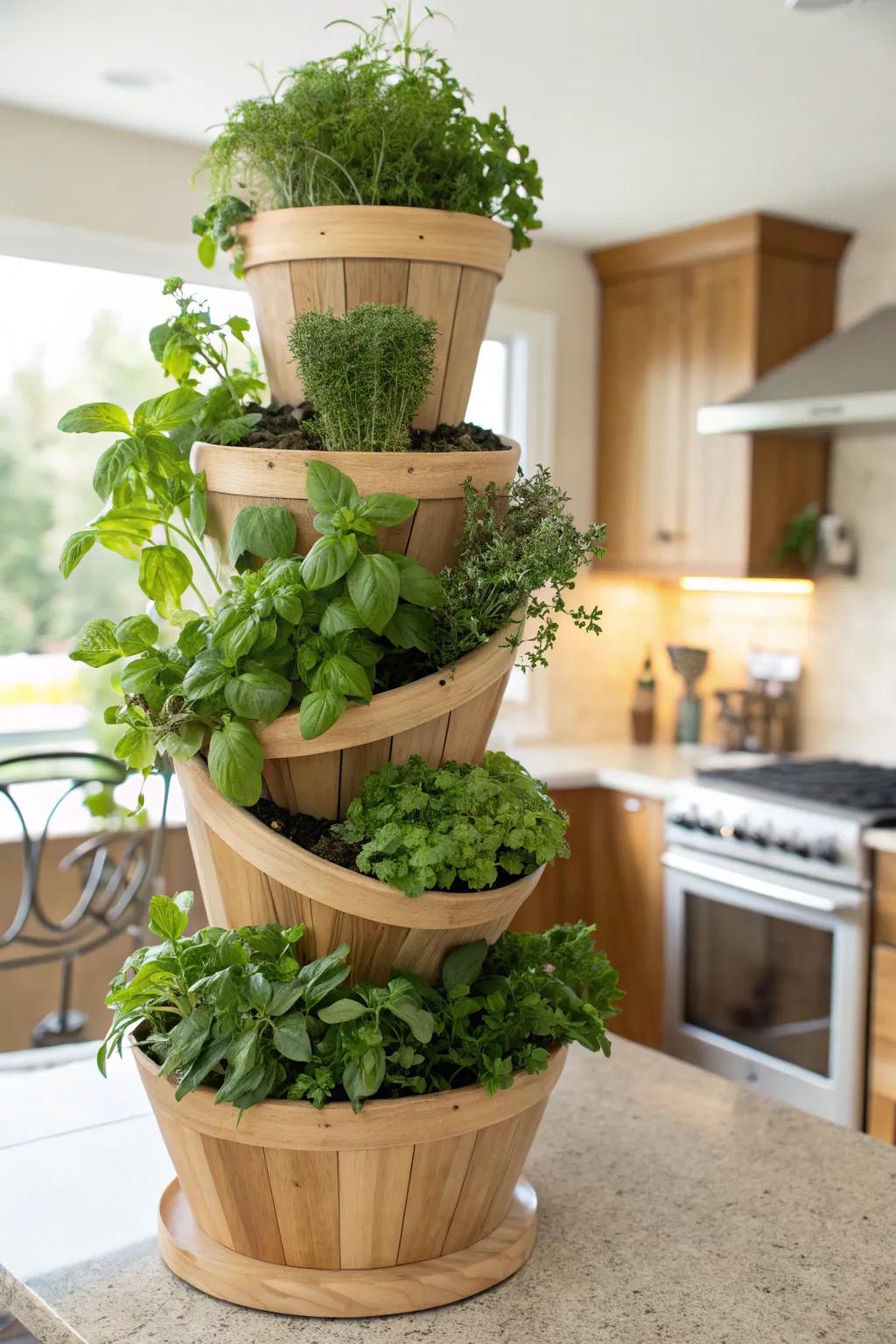A spiral tower offering a unique and space-saving solution for indoor herb gardening.