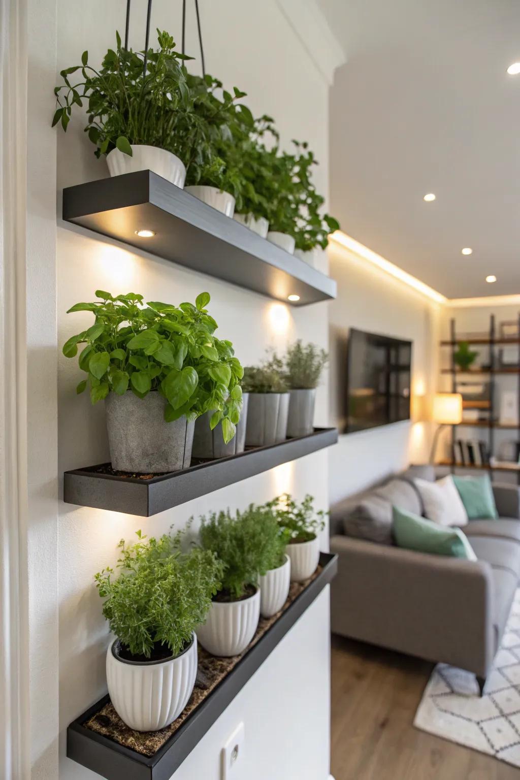 Floating shelves showcasing a variety of herbs, creating a stylish and space-efficient garden.
