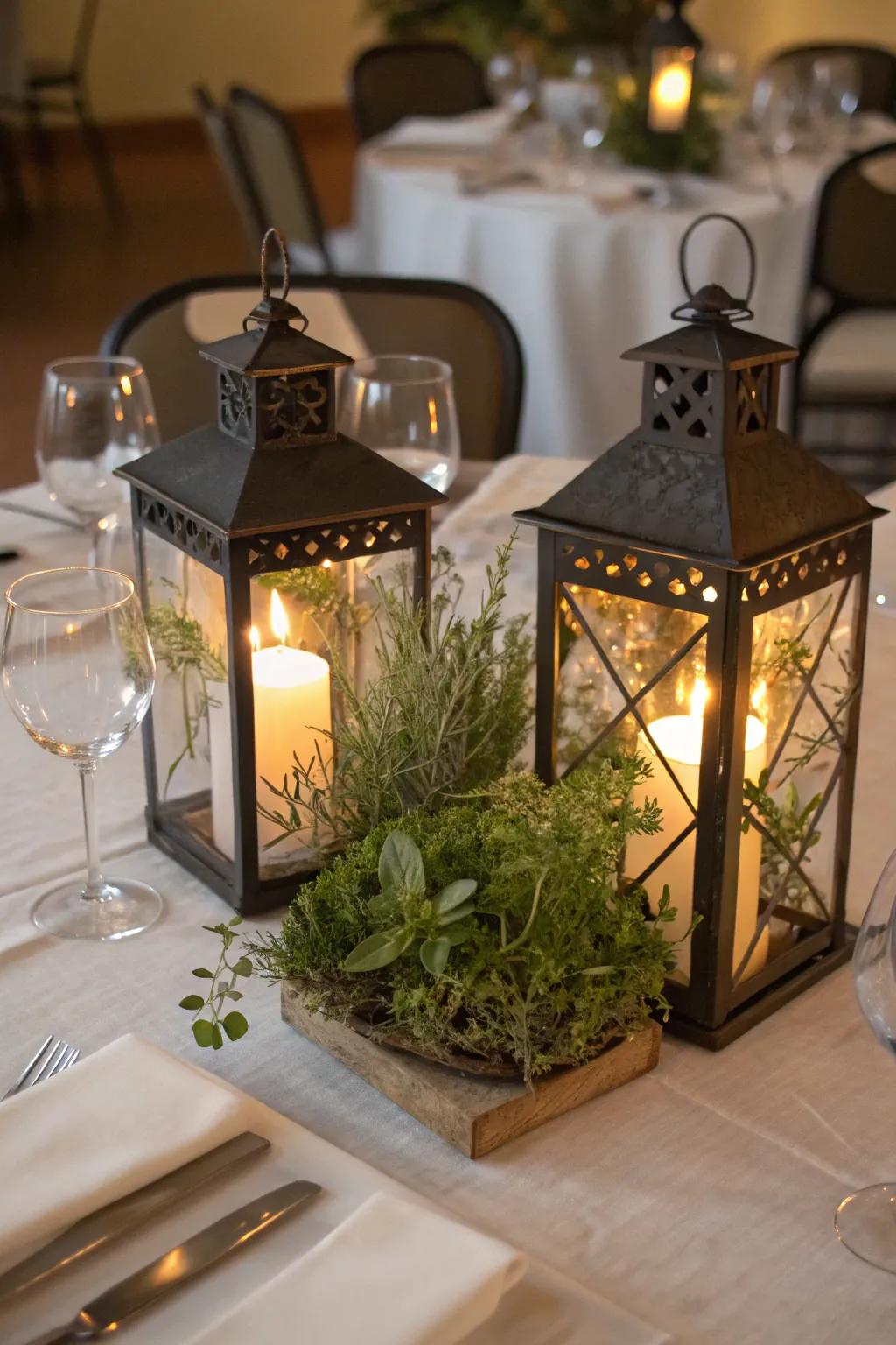 Lanterns repurposed into enchanting herb planters, perfect as a dining table centerpiece.