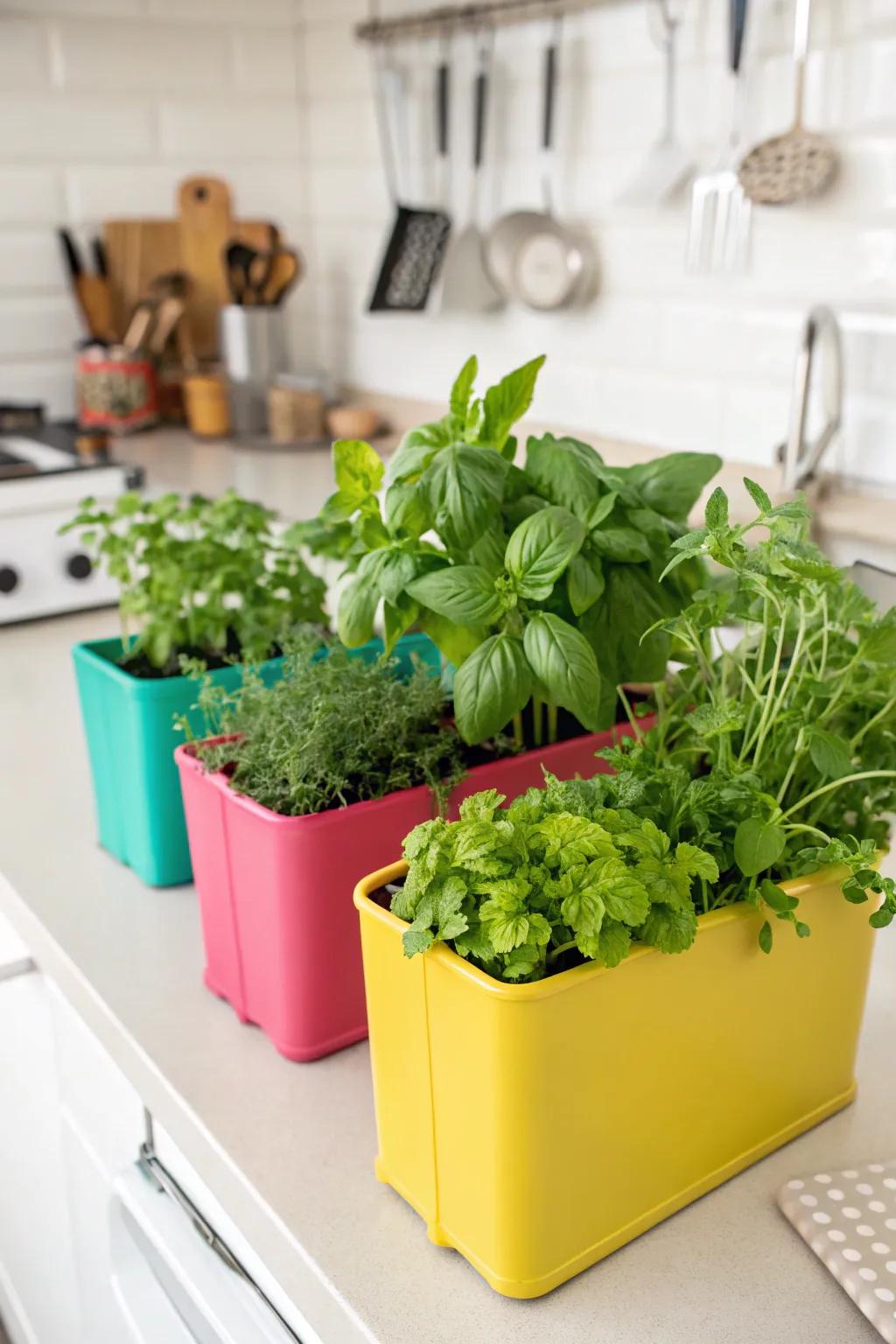 Brightly colored planters bring life and joy to a kitchen herb garden.