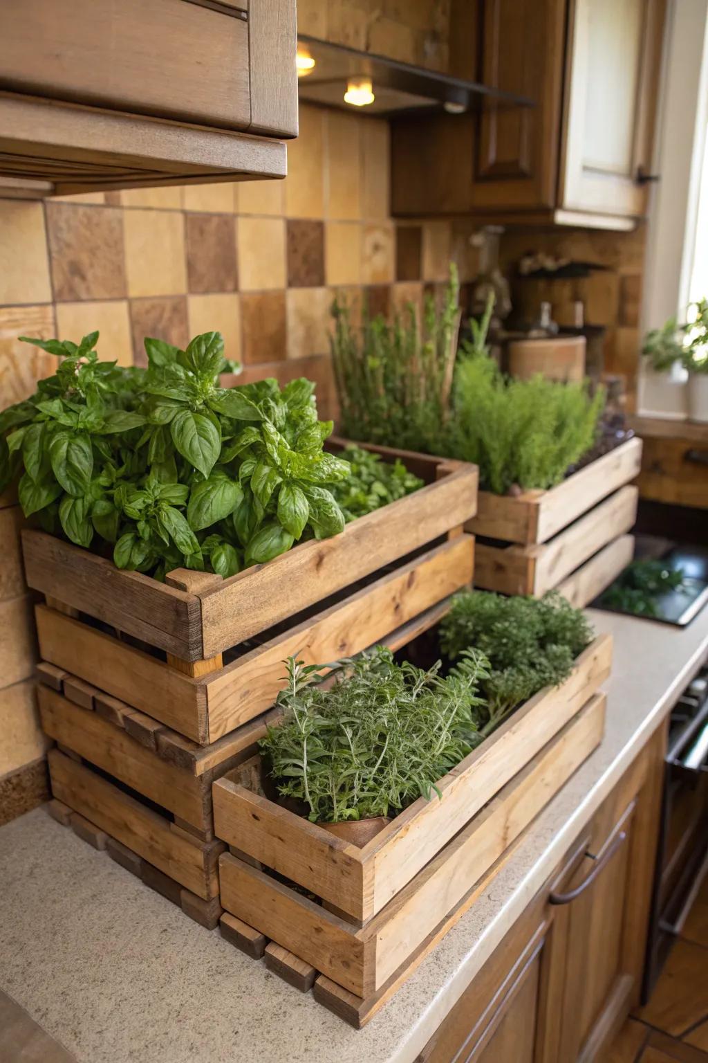 Wooden crates repurposed as charming herb planters for a rustic look.