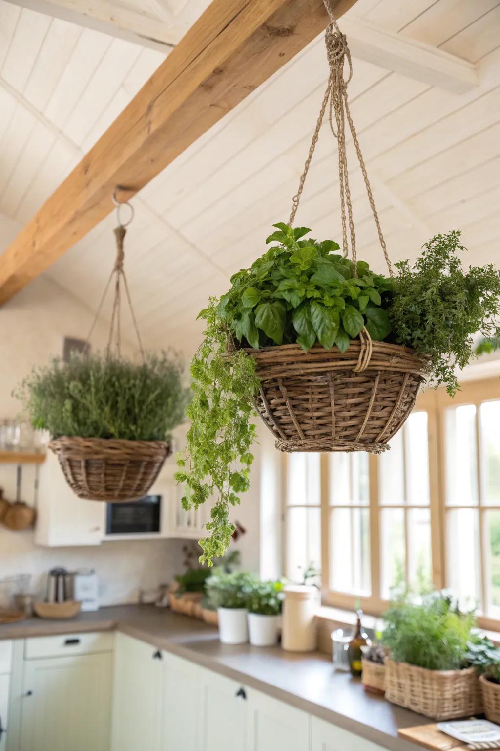 Hanging baskets of herbs create an enchanting and functional indoor garden.
