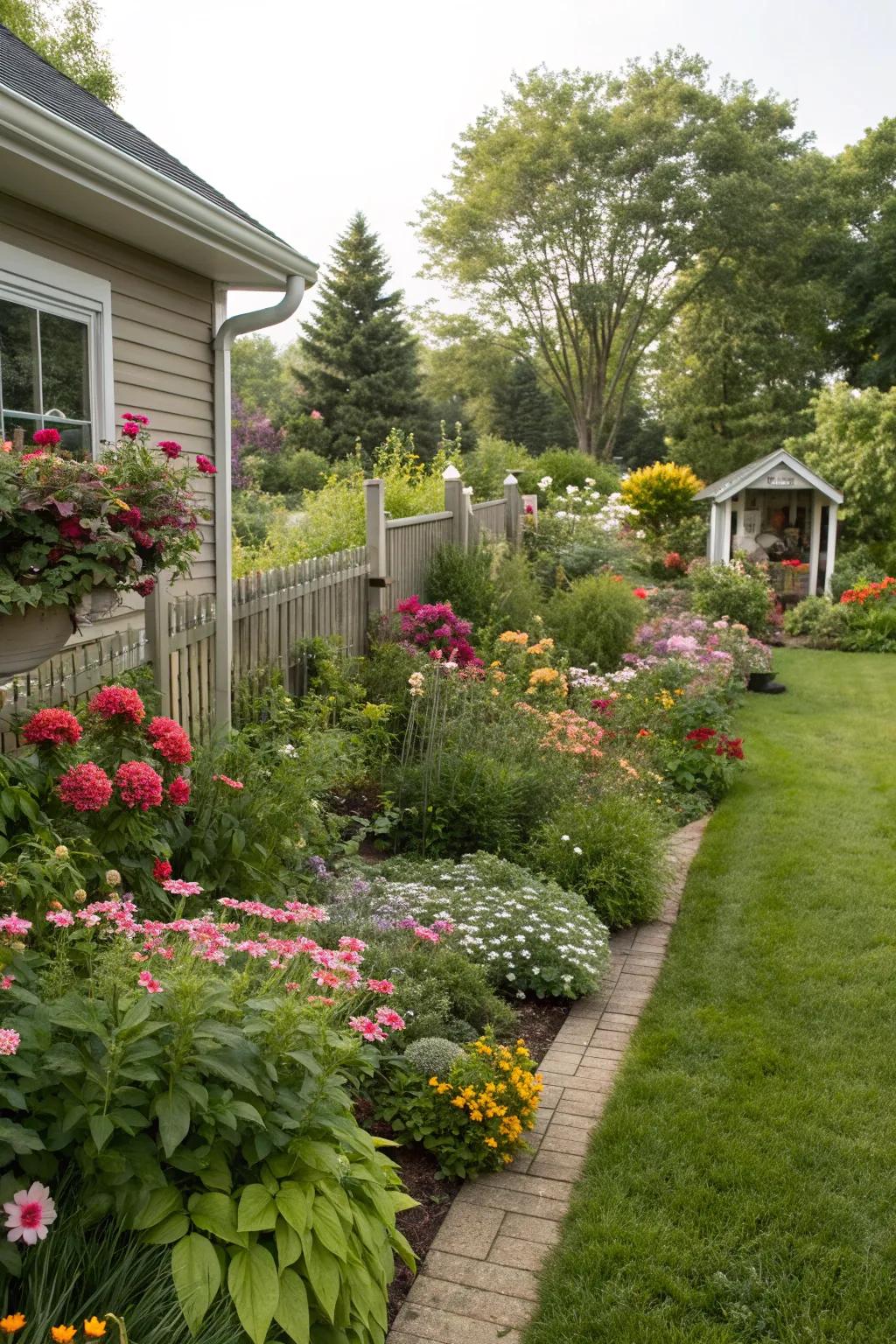 A layered flower garden with varying plant heights