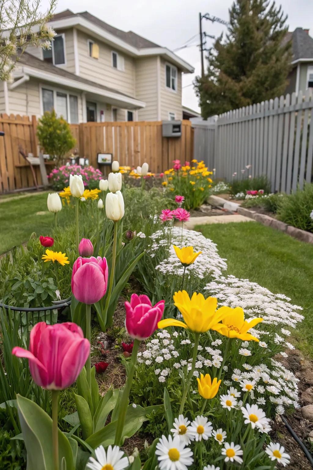 A vibrant flower garden with colorful tulips and daisies