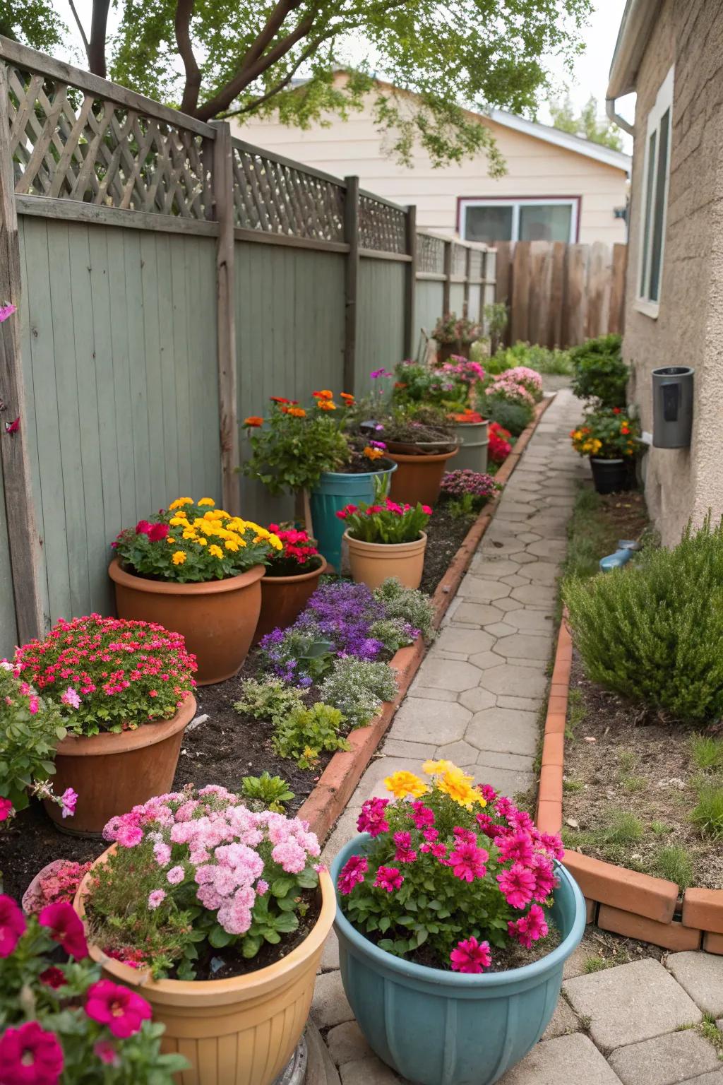 Colorful flower pots in a small backyard garden