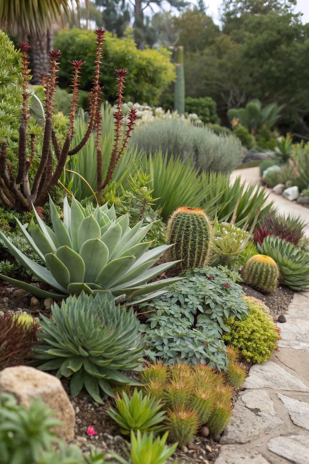 A garden with a variety of plant textures
