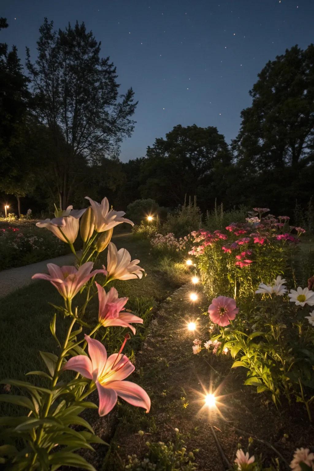 A garden illuminated by solar lights
