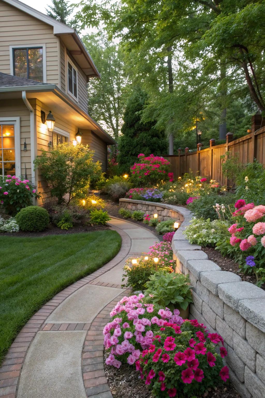 A garden with beautifully curved edges in a residential backyard