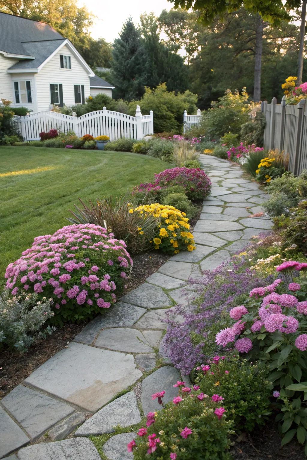 A garden with a stone pathway winding through flower beds