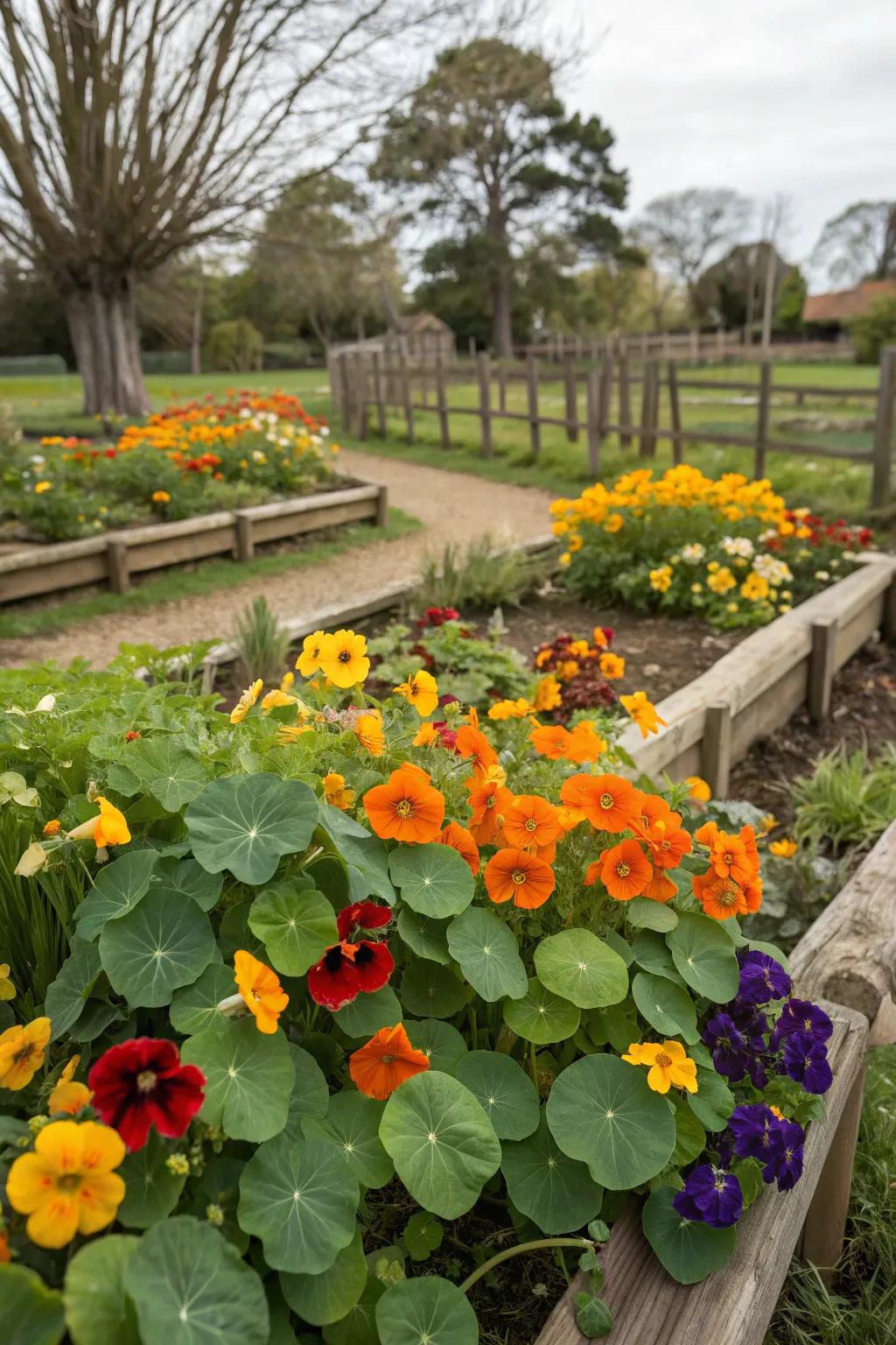 A garden with nasturtiums and pansies