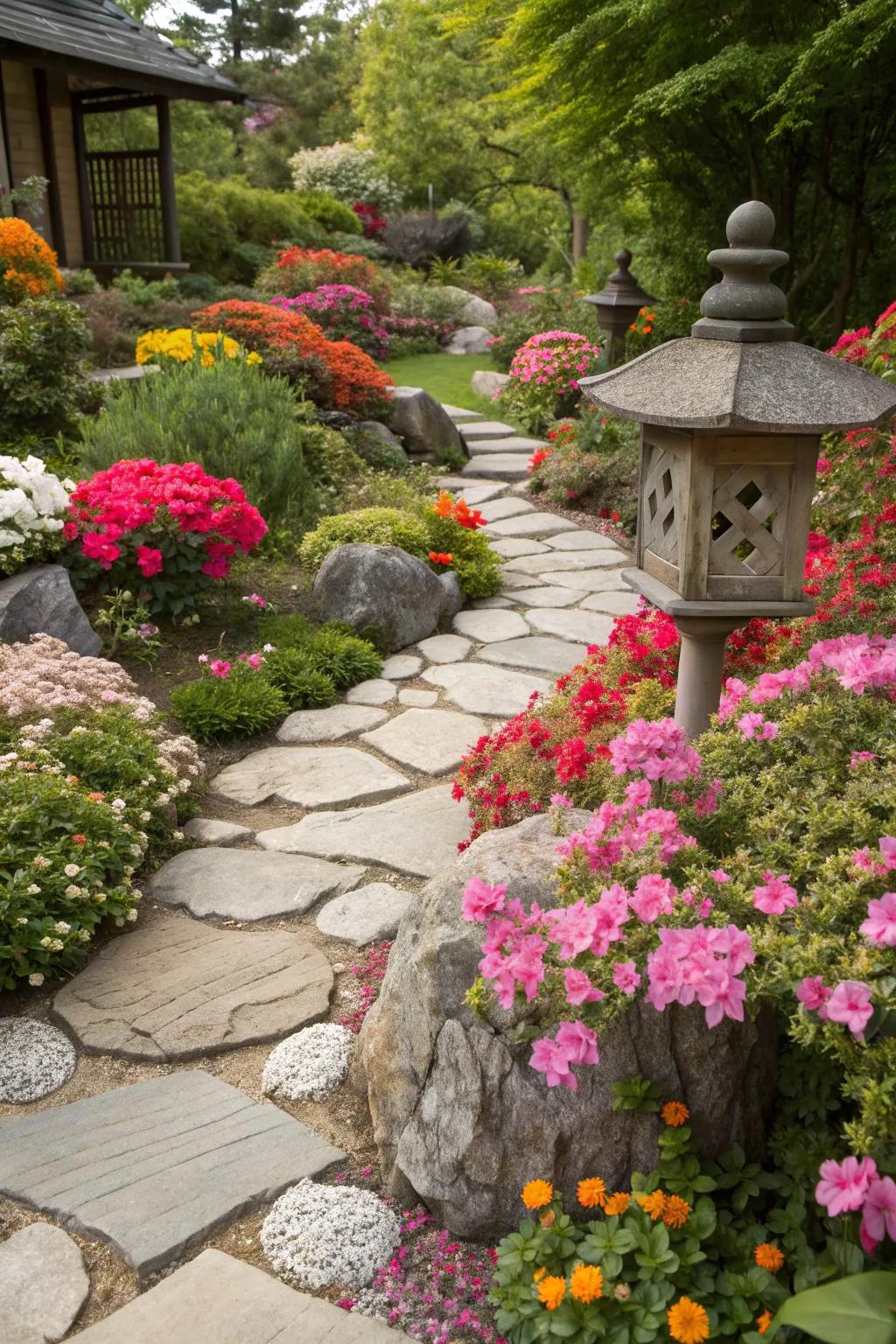 A garden with decorative natural stone accents