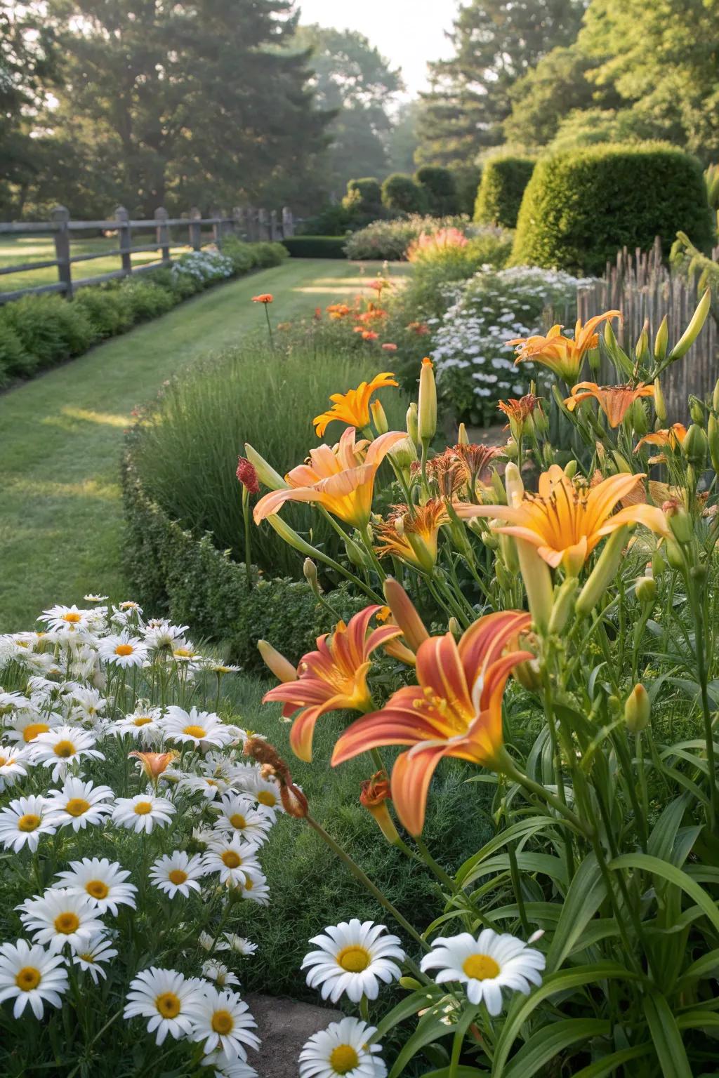 A garden featuring perennial daylilies and daisies