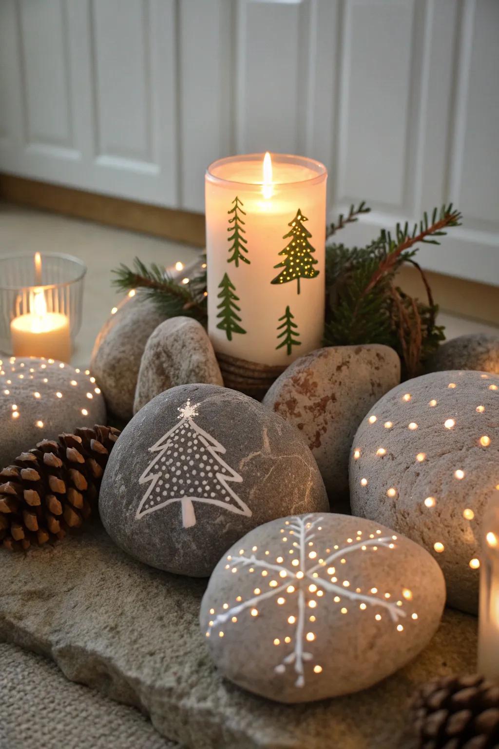 Twinkling light rocks illuminate the holiday table.