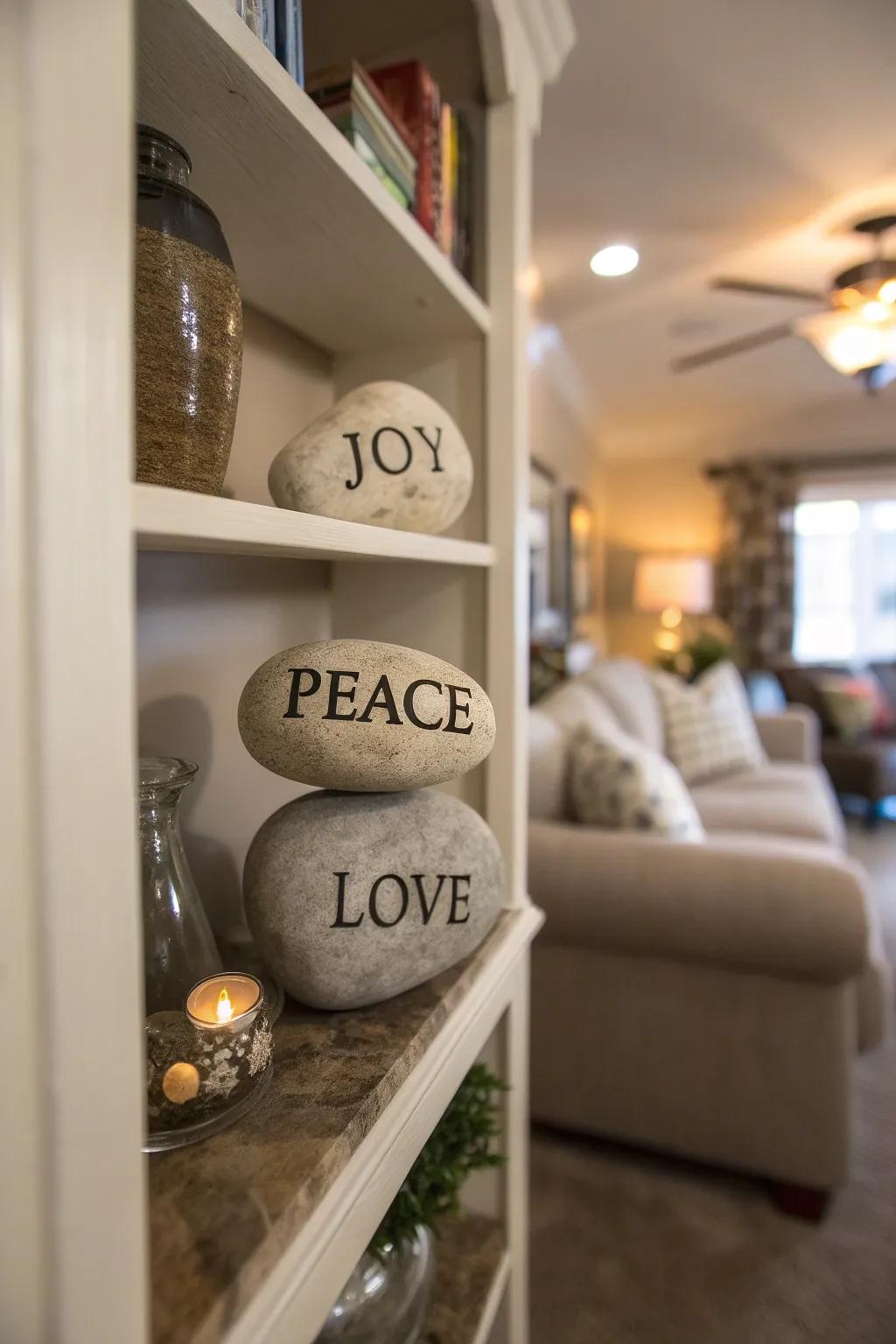 Inspiring words on rocks spread holiday cheer throughout the home.