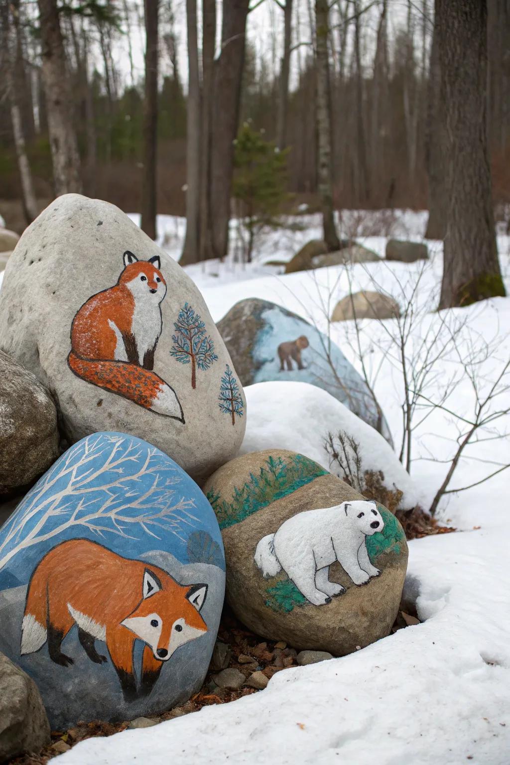 Winter animals on rocks create a cozy, natural ambiance.