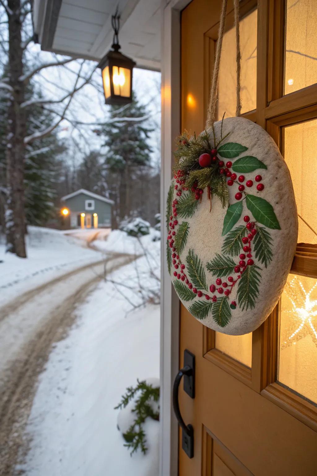 A painted rock wreath adds festive flair to any entryway.