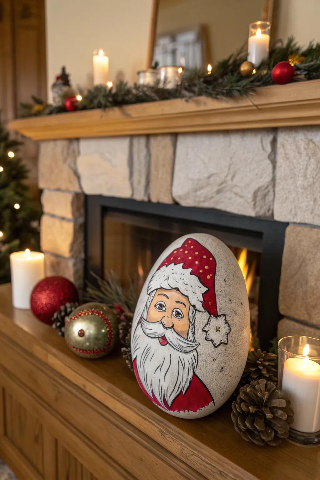 Jolly Santa Claus rocks adding charm to the mantelpiece.