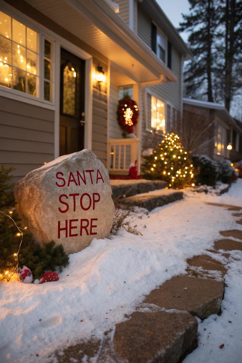 A warm welcome for Santa and visitors alike with this painted rock sign.
