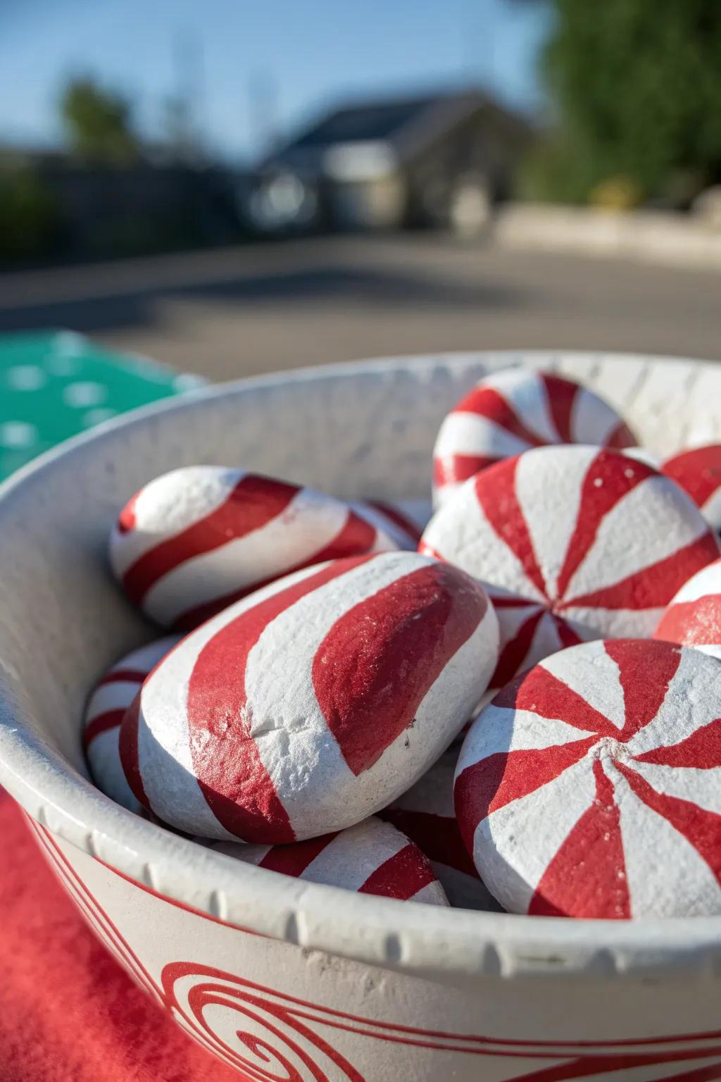 Candy cane rocks add a sweet festive touch to your holiday decor.