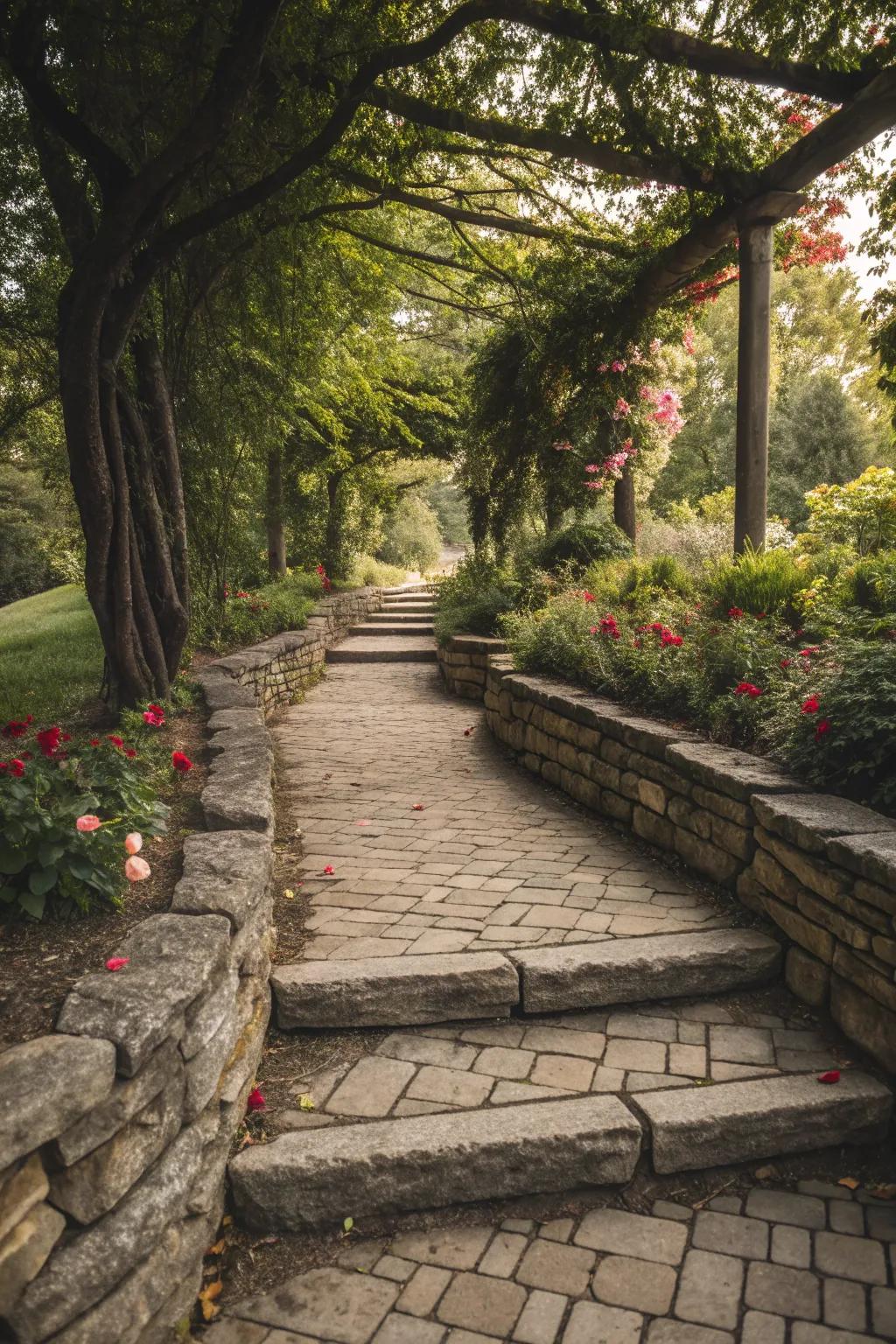 Layered stone borders add depth and dimension to the walkway.