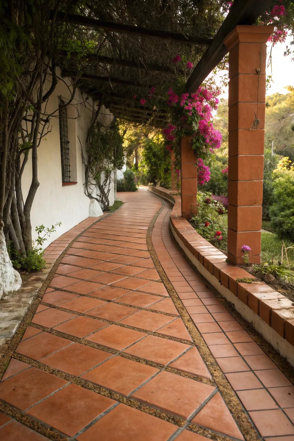 Terracotta tiles provide a warm, Mediterranean border for the walkway.