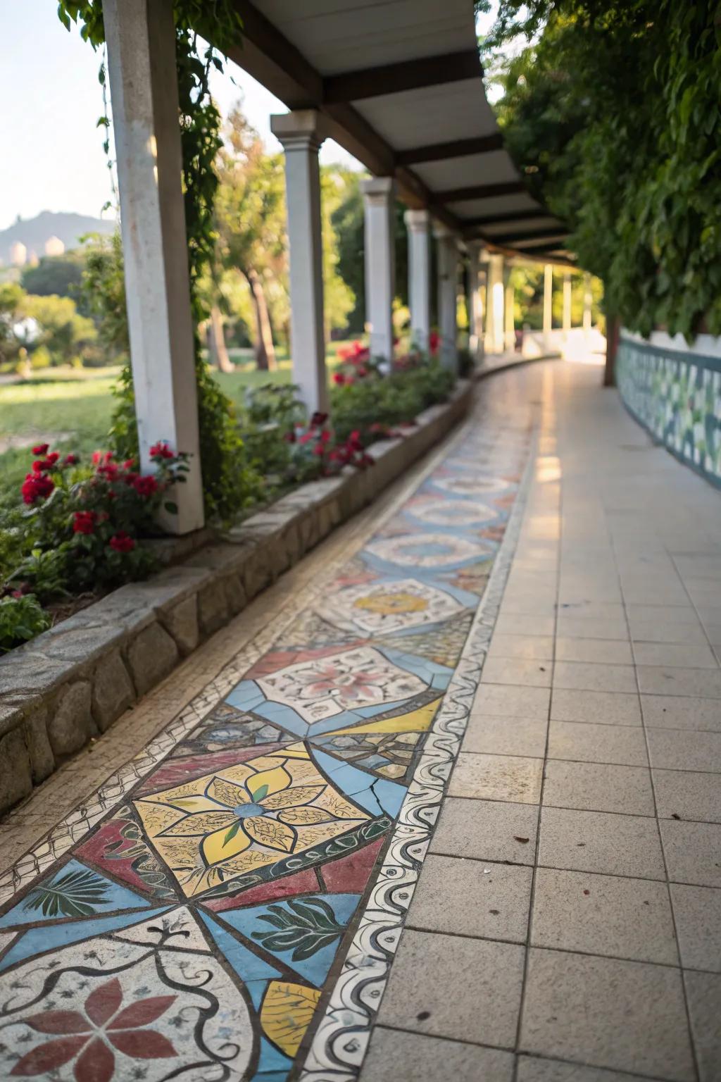 Mosaic tile borders transform the walkway into an artful masterpiece.