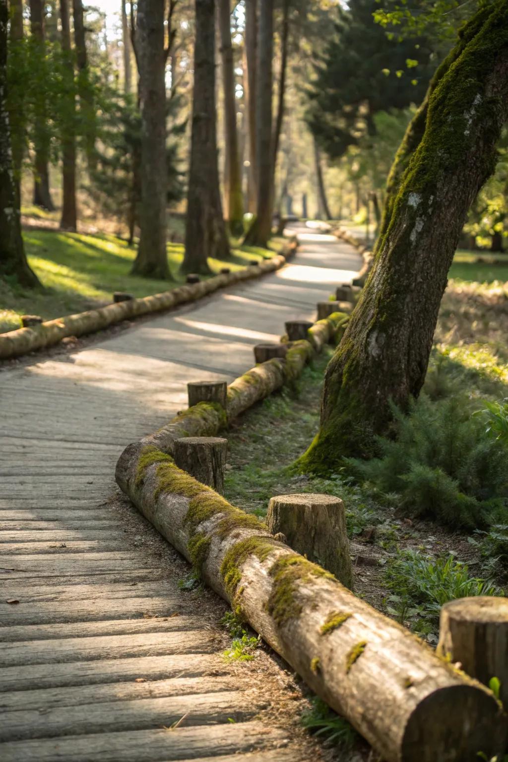 Natural logs provide an earthy, woodland border for the walkway.