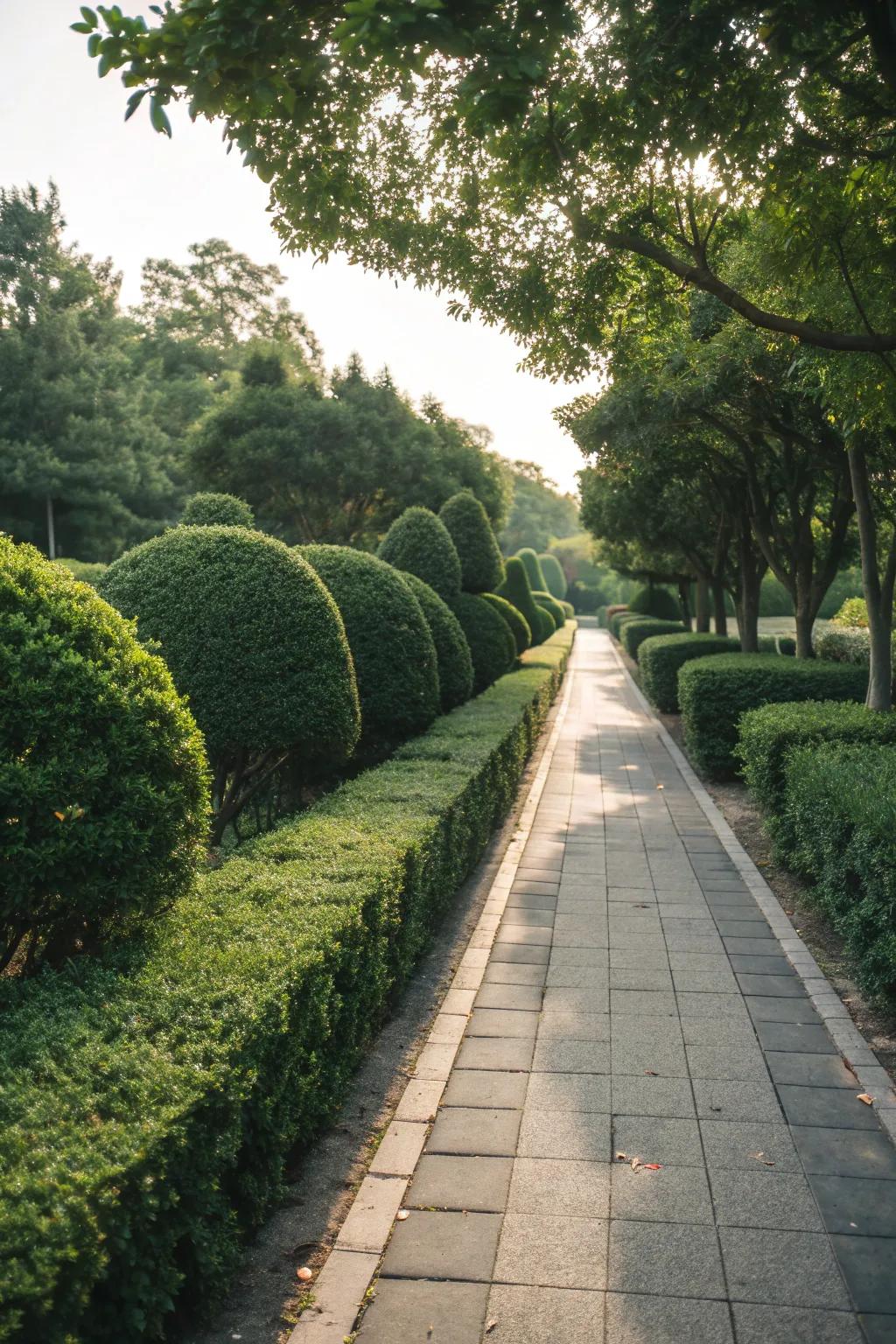 Shrubs as living borders provide a structured and green walkway edge.