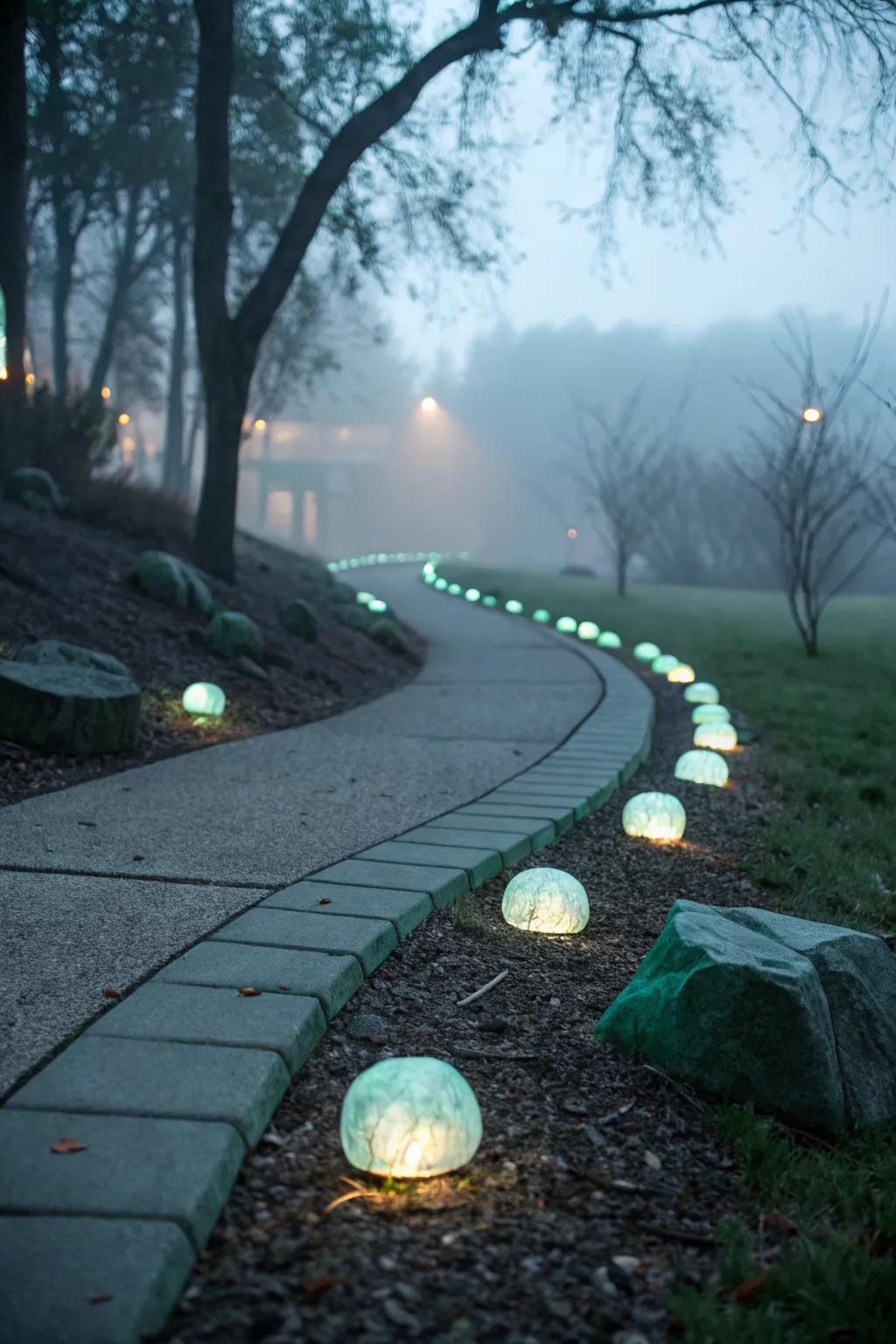 Glow-in-the-dark stones add an enchanting glow to the walkway at night.