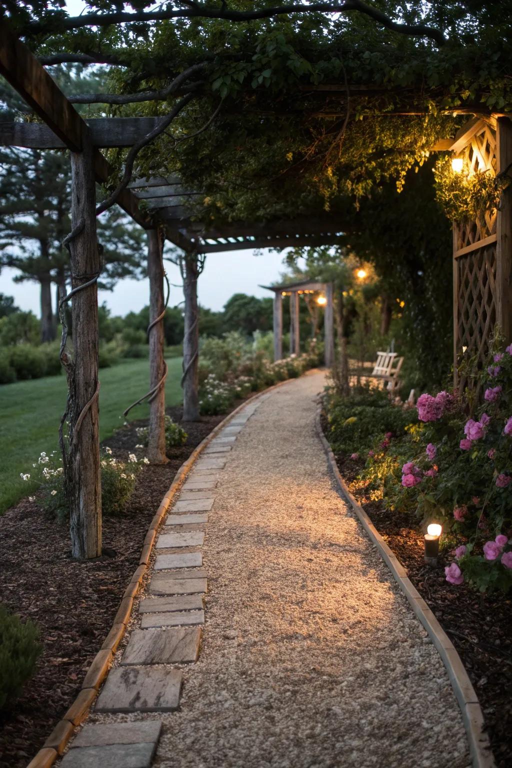 Mulch and gravel provide a rustic, low-maintenance border for the walkway.