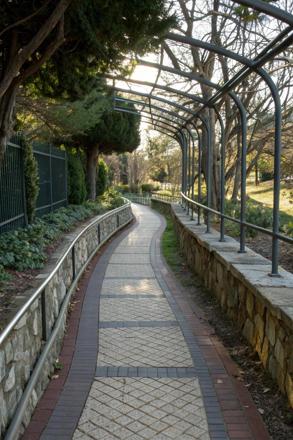 A combination of metal and stone adds durability and contrast to the walkway.