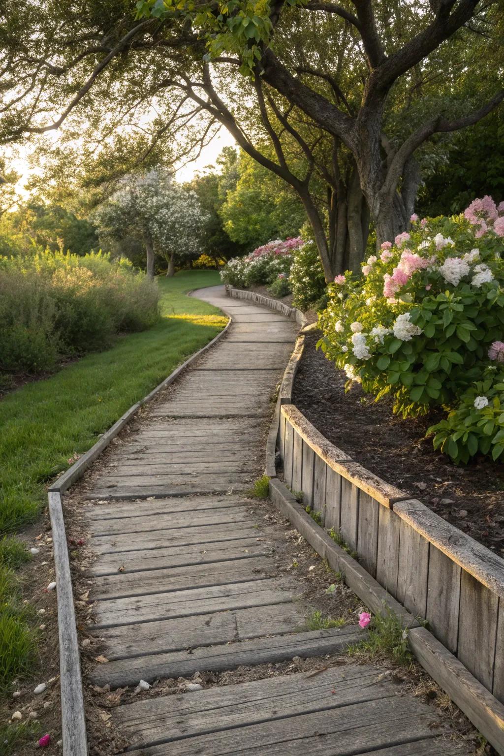 Reclaimed wood adds warmth and rustic charm to the walkway borders.