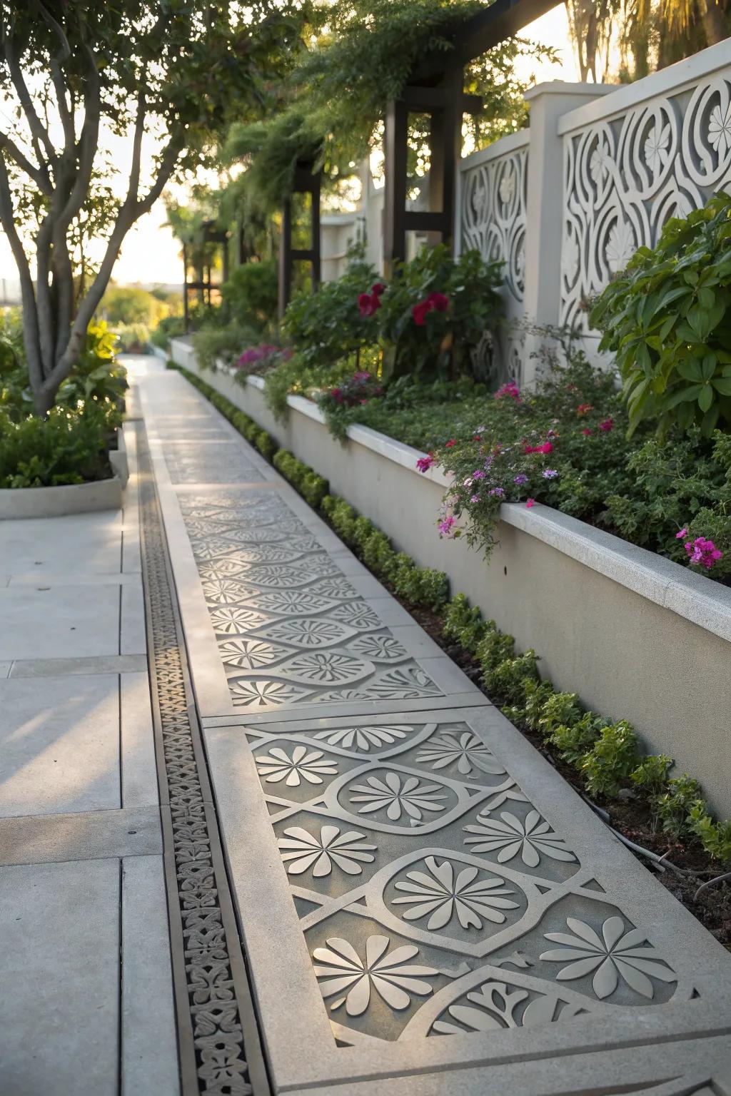 Decorative concrete borders add a modern touch to the walkway.