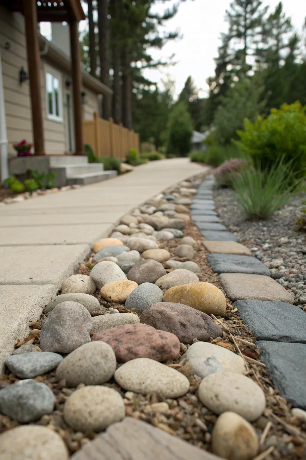 A walkway bordered with a mix of stones and pebbles, adding natural texture.