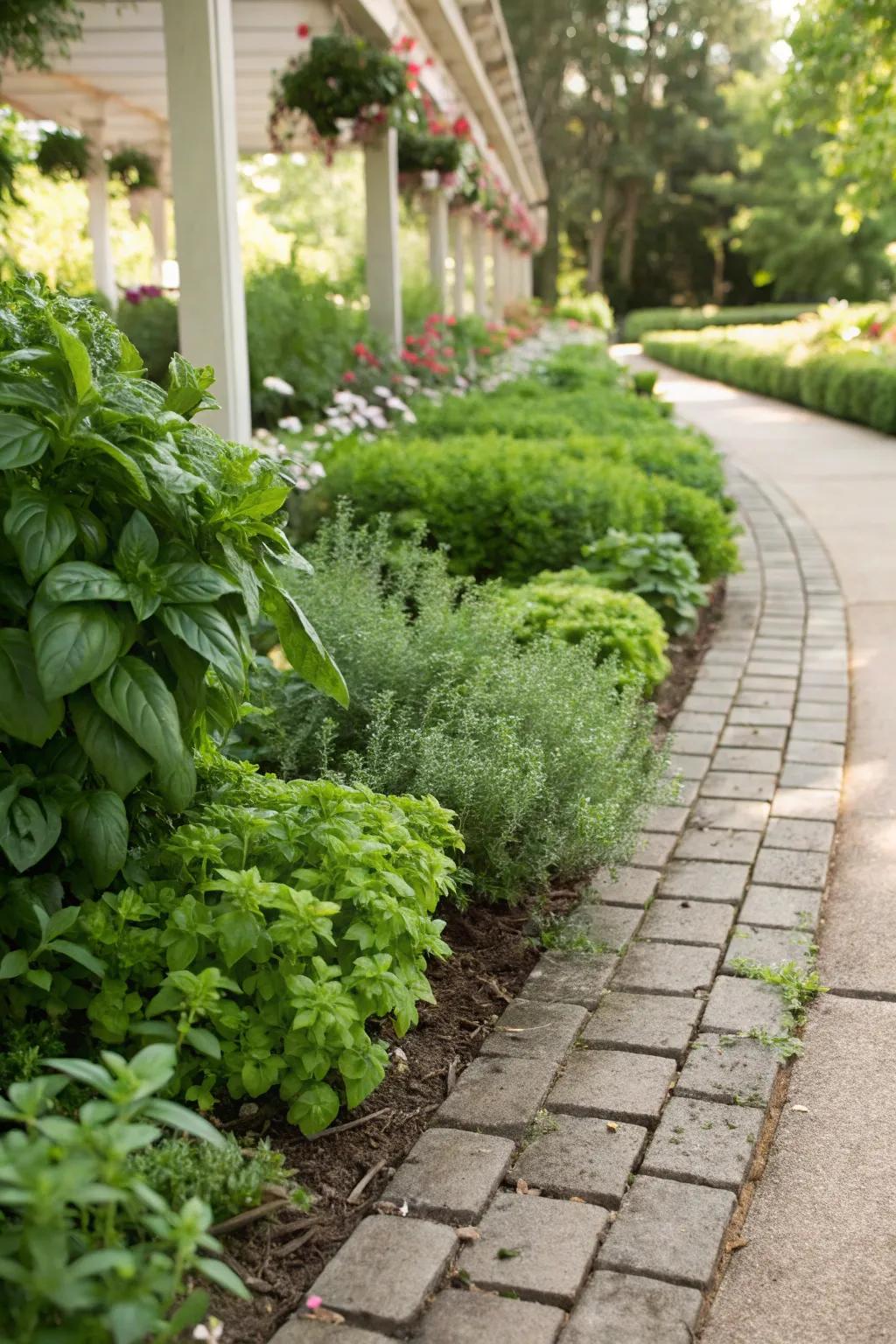Herb garden borders add scent and utility to the walkway.