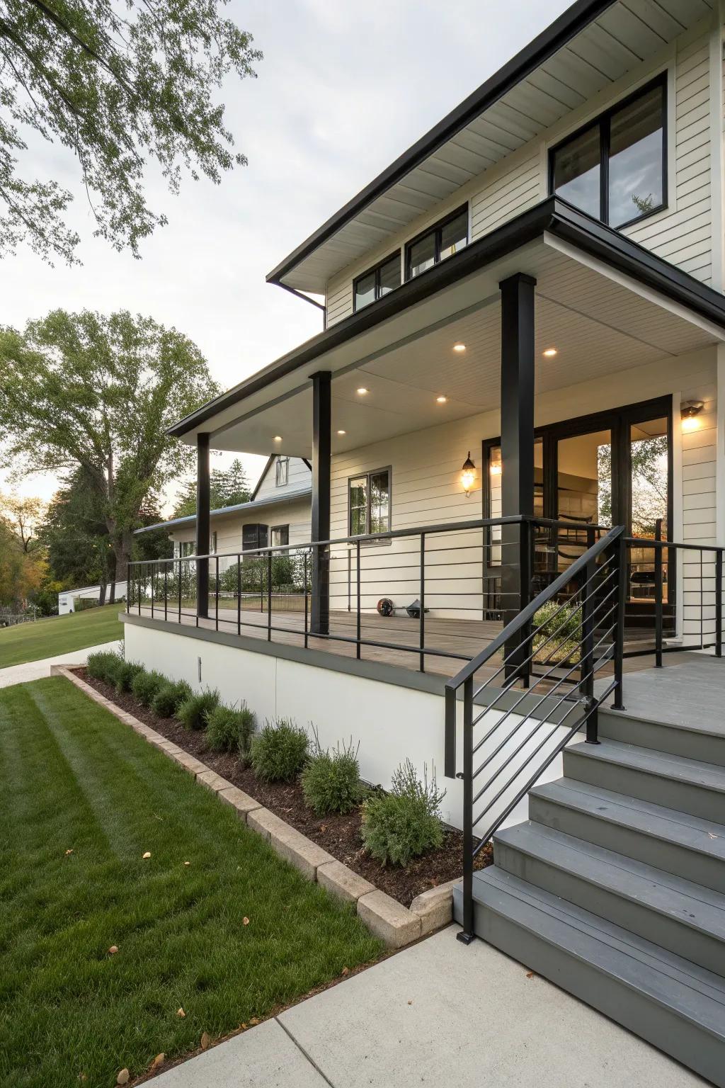 Embrace modern aesthetics with a sleek front porch design.
