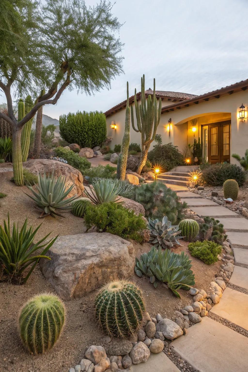 A desert-style garden with succulents and cacti offering a rugged aesthetic in the front yard.