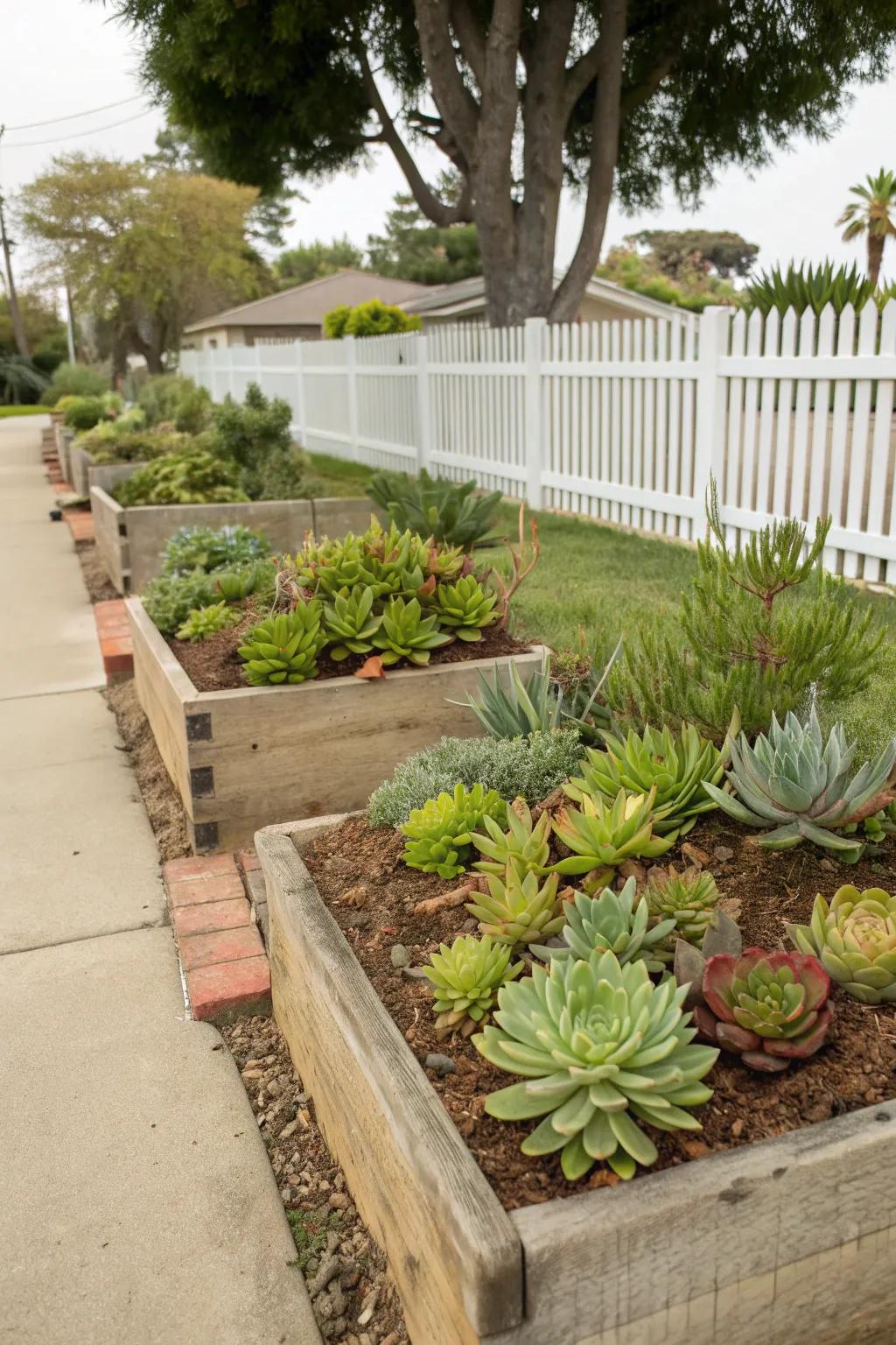 Raised planters showcasing a variety of succulents, adding dimension to the front yard.