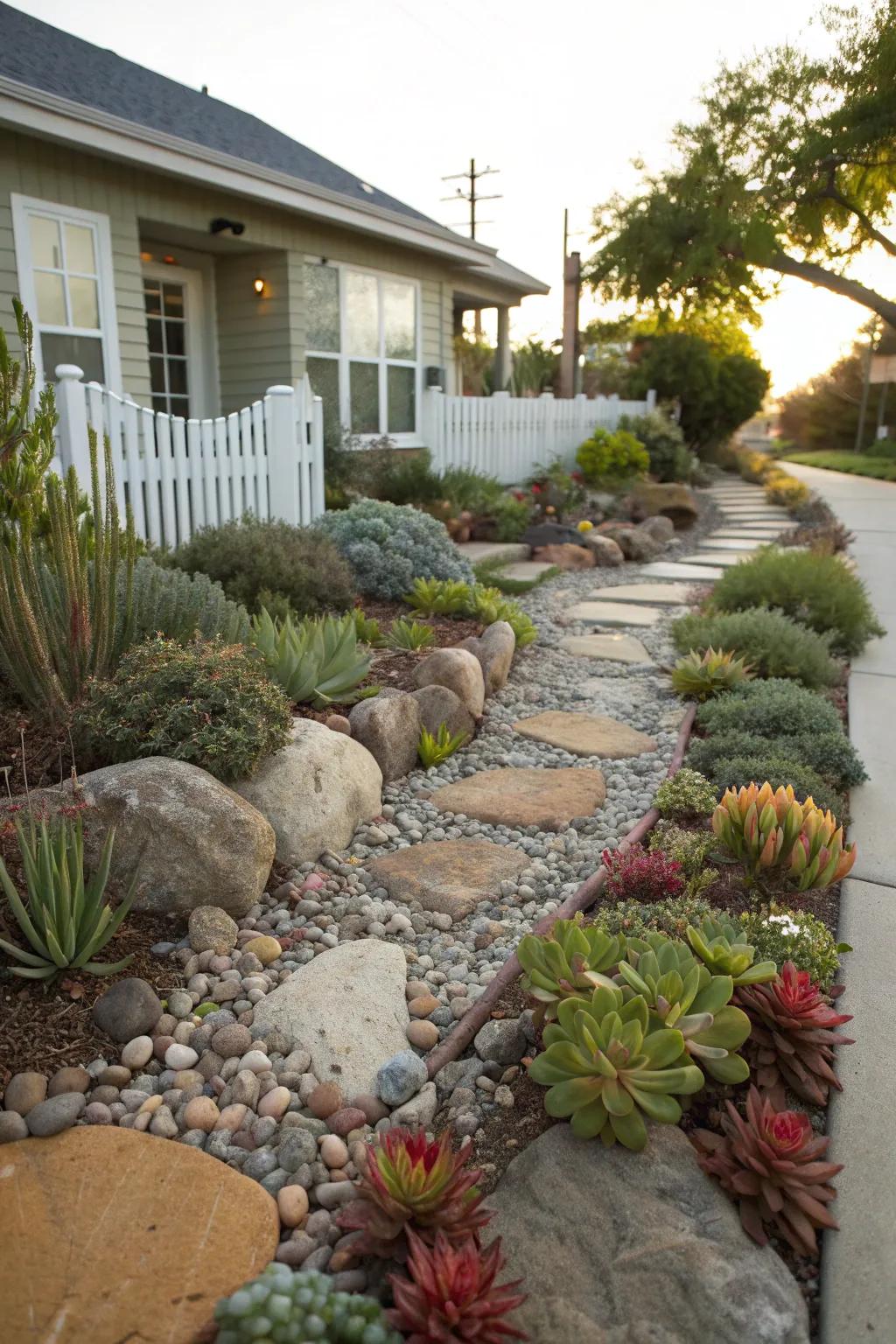 A natural rock and pebble pathway weaving through a front yard succulent garden.
