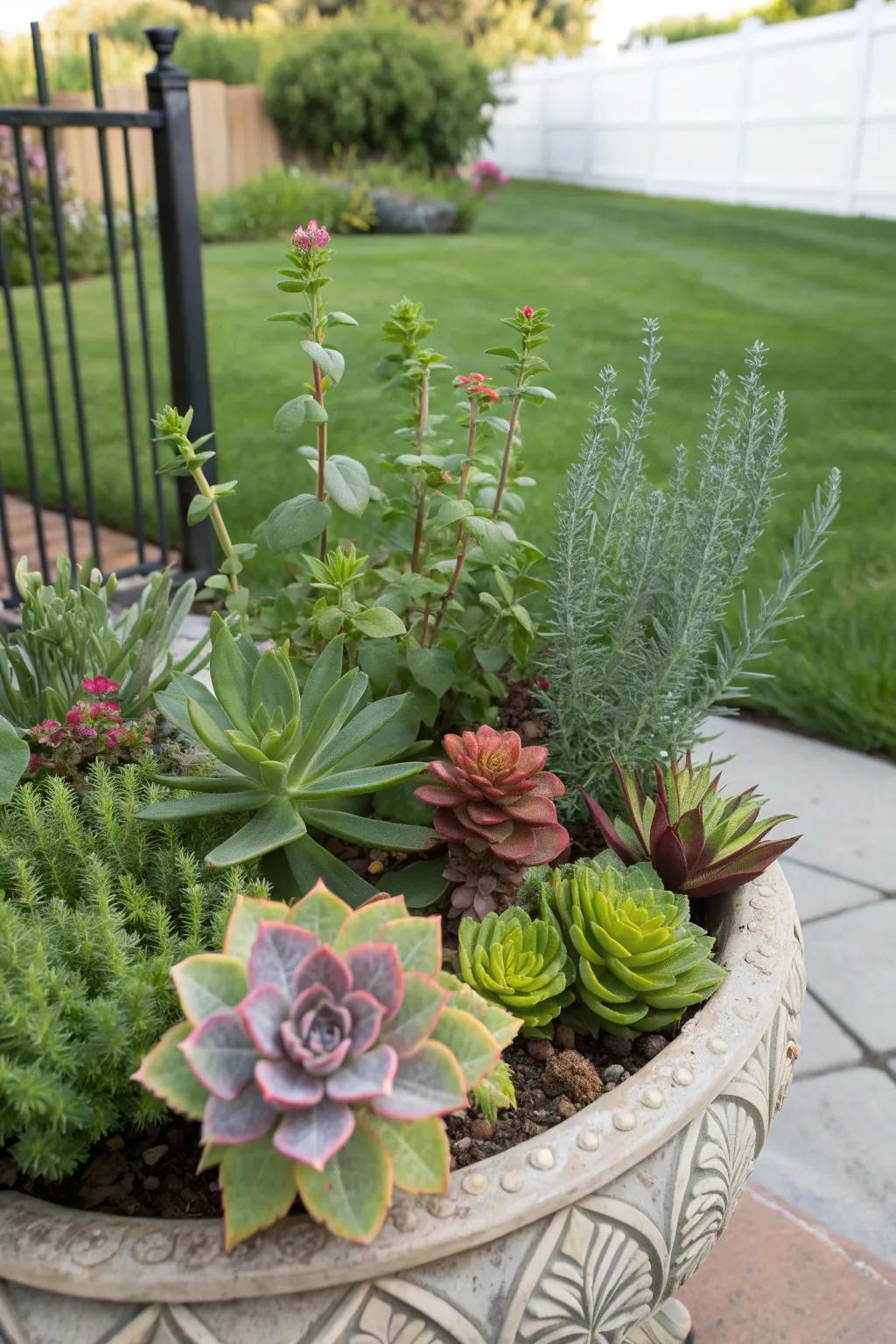 A harmonious blend of succulents and herbs, offering beauty and fragrance in the front yard.
