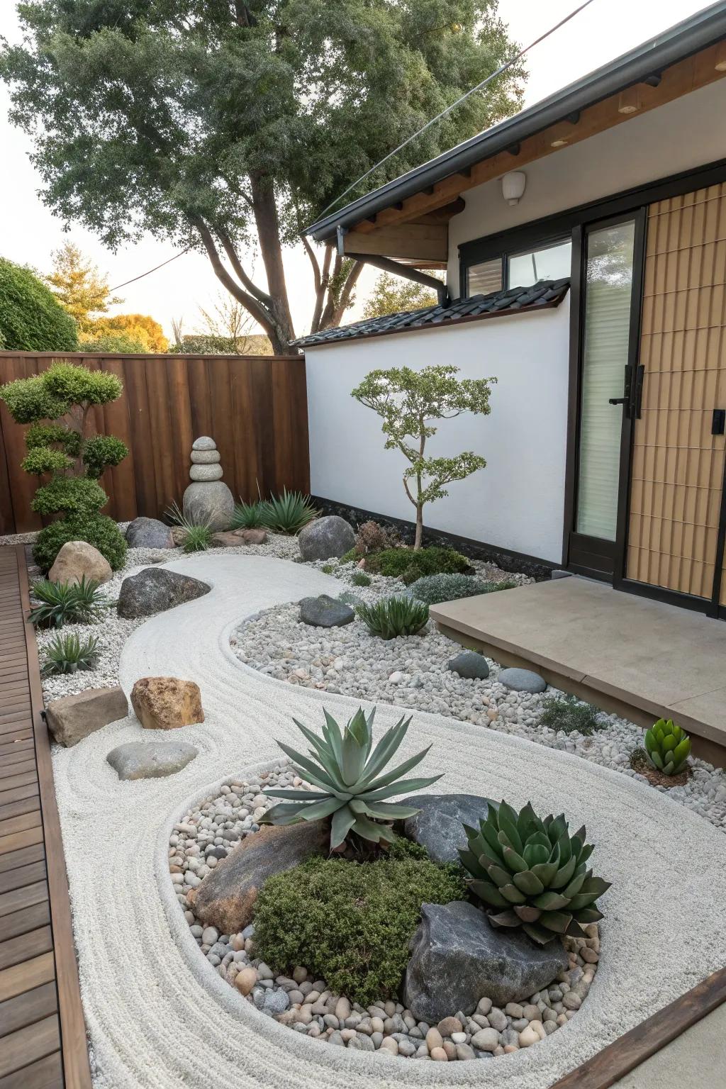 A minimalist Zen garden with succulents, gravel, and stones, offering tranquility in the front yard.