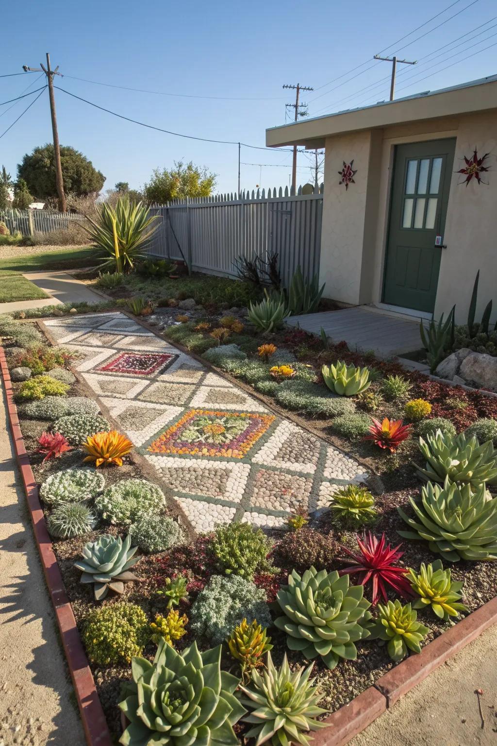 A vibrant mosaic of colorful succulents creating a stunning front yard display.