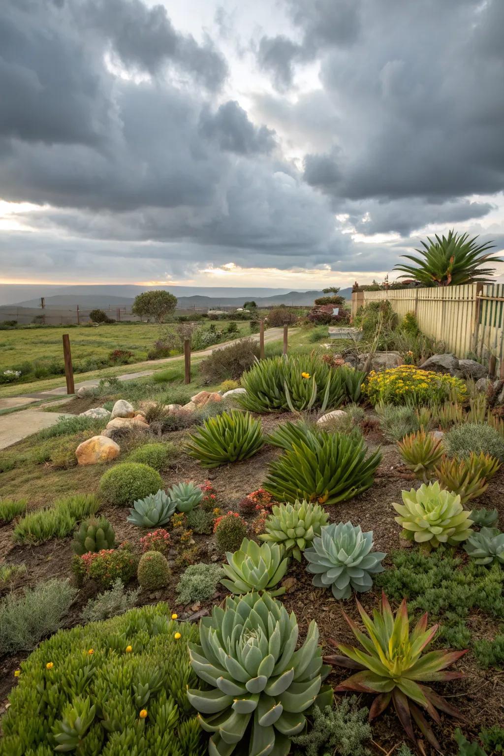 A wild succulent meadow offering a lush, secret garden feel in the front yard.