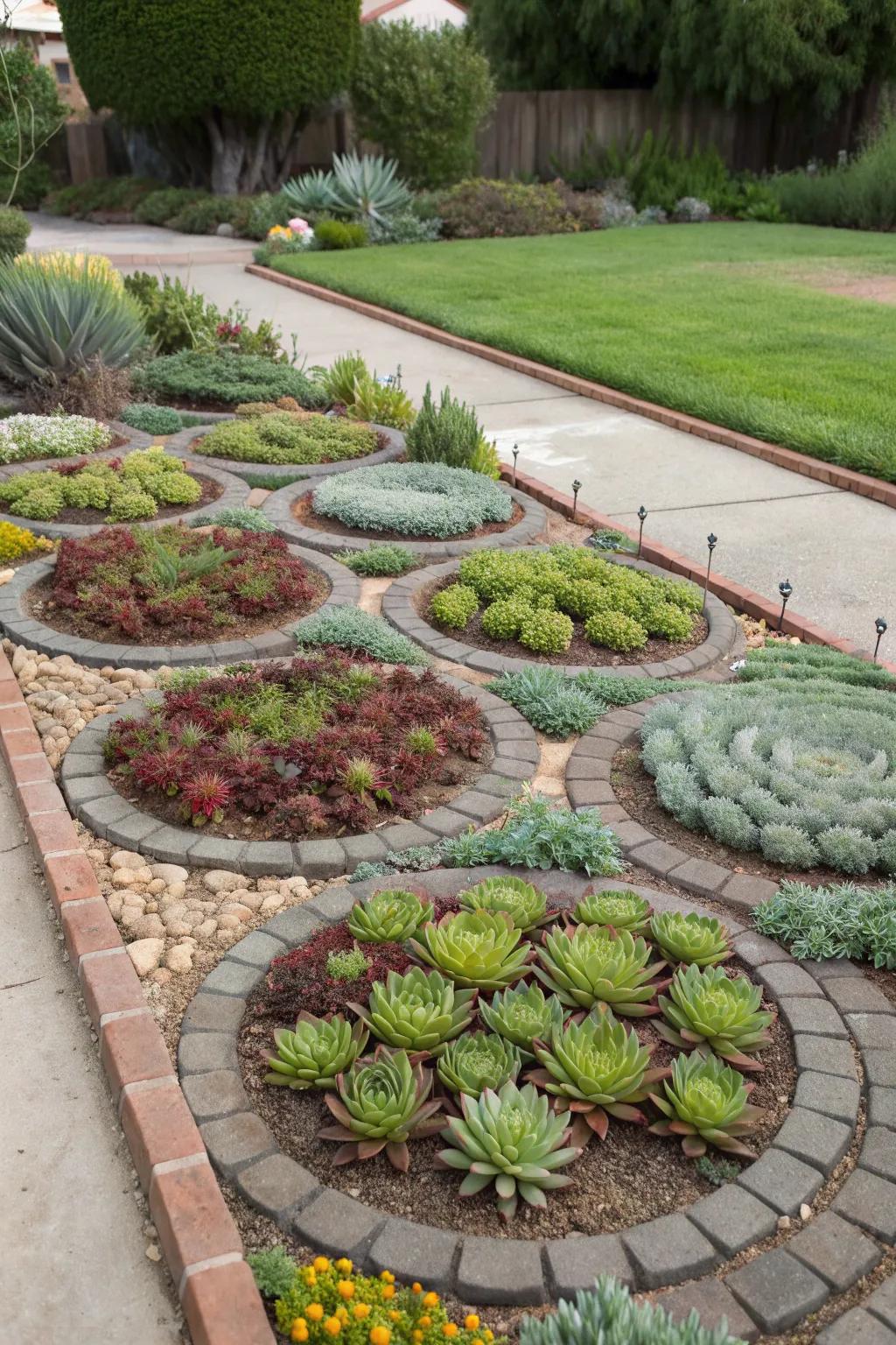 Succulents planted in geometric shapes, adding a modern touch to the front yard.