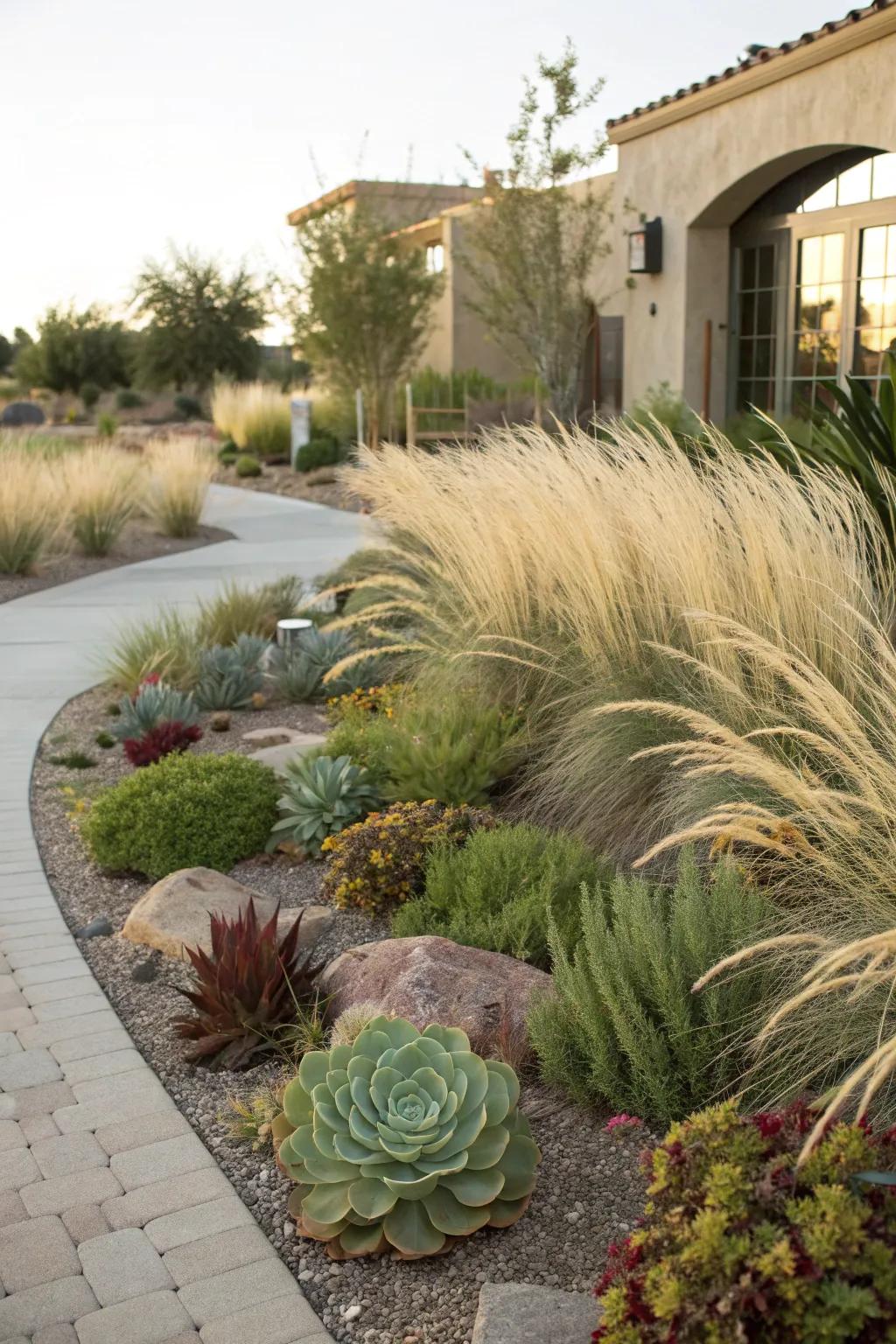 Ornamental grasses and succulents together, creating movement and interest in the front yard.