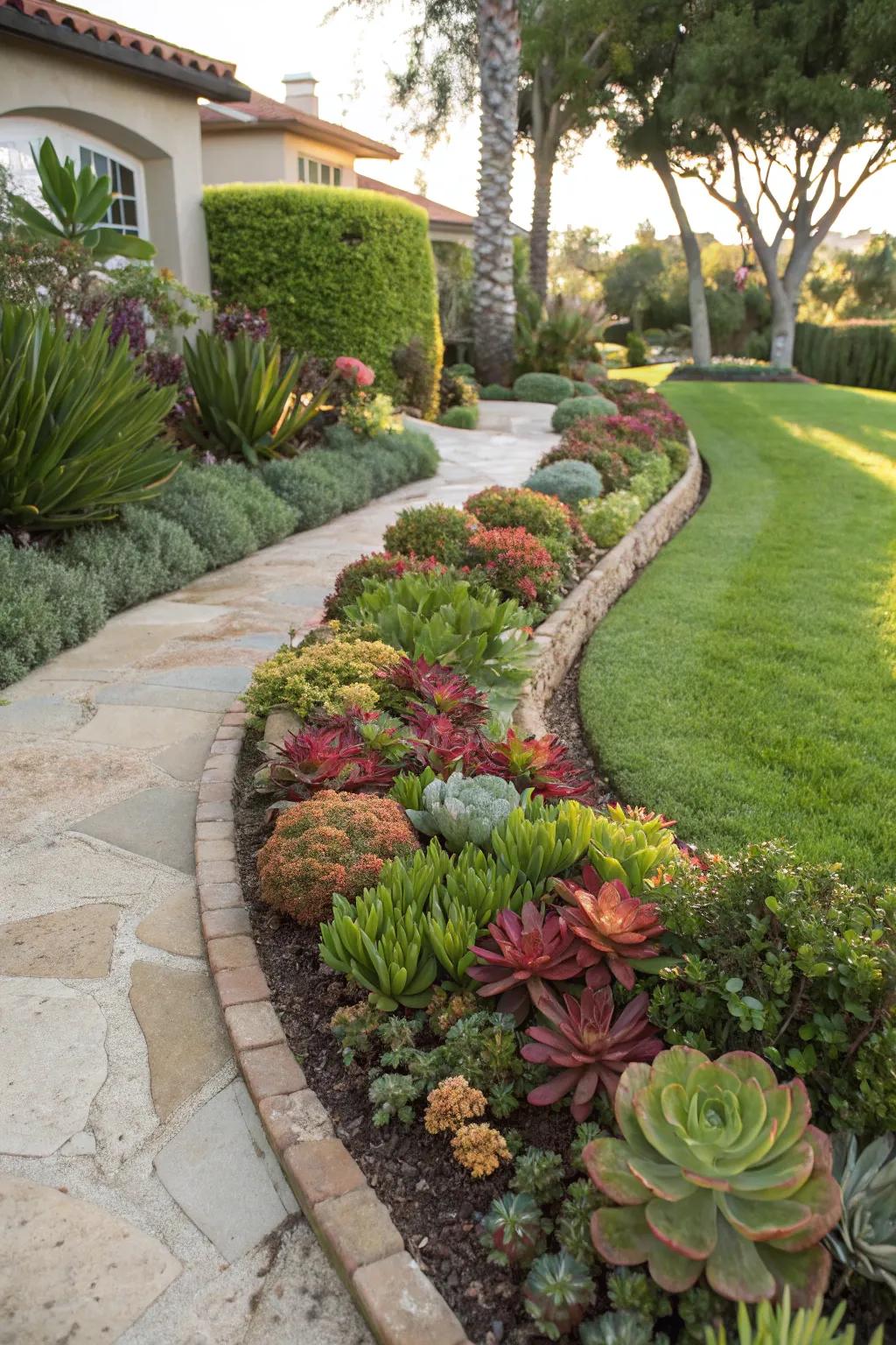 Succulents outlining a garden path, adding definition and color to the front yard.